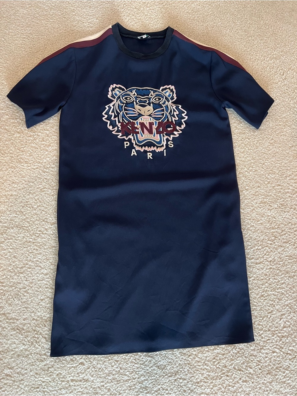 Kenzo Navy Short-Sleeve Tee Dress with Burgundy Shoulder Stripes and Tiger Motif
